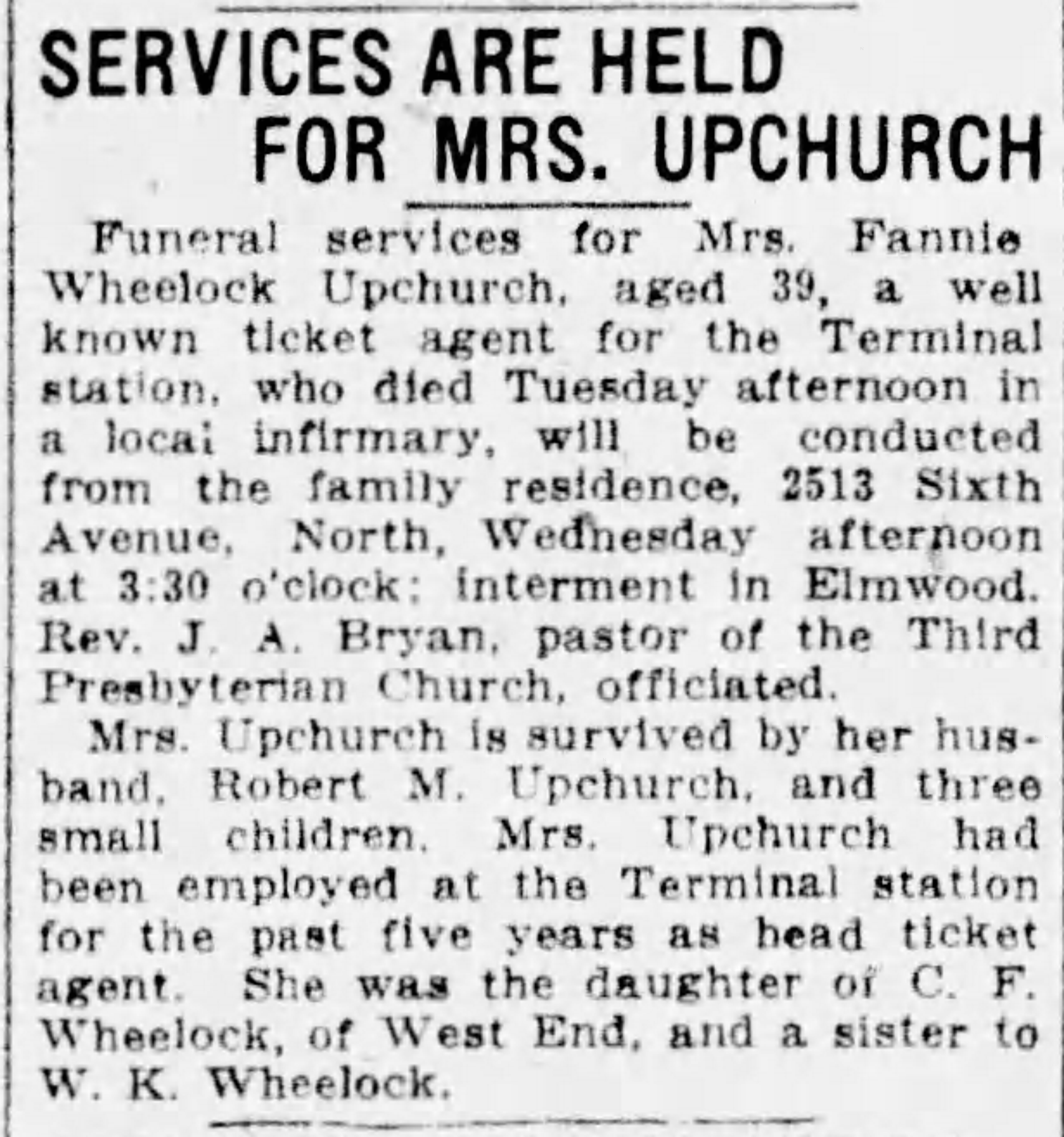 Fannie Wheelock Upchurch obituary